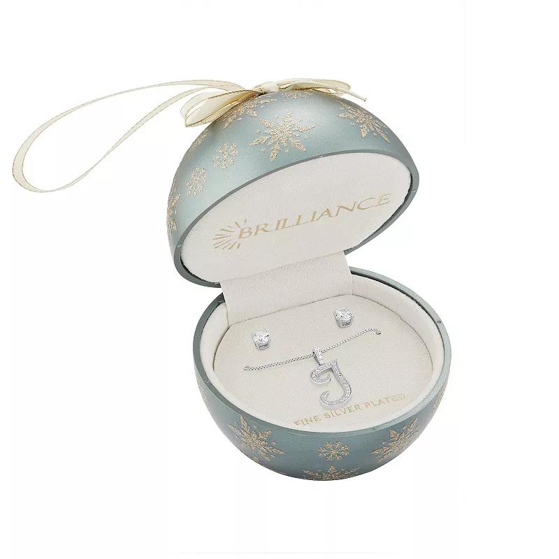 Brilliance Cubic Zirconia Stud Earrings & Script Initial Pendant Necklace Set, Womens Silver Tone U Product Image