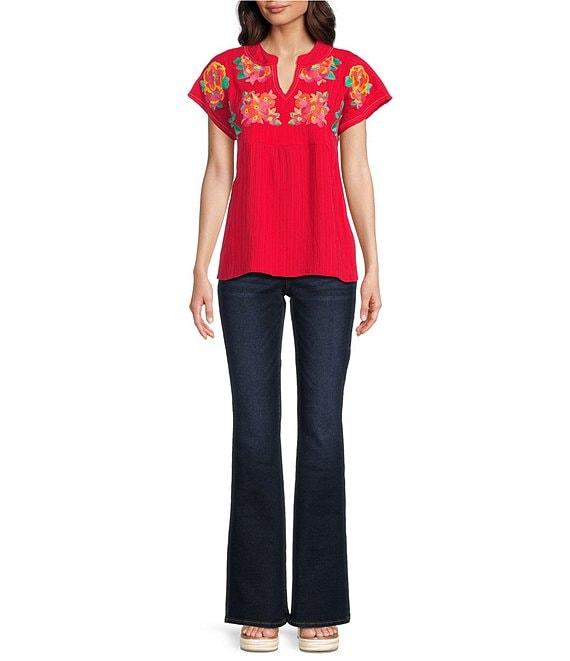 Calessa Embroidered Crinkle Split V-Neck Short Sleeve Top Product Image