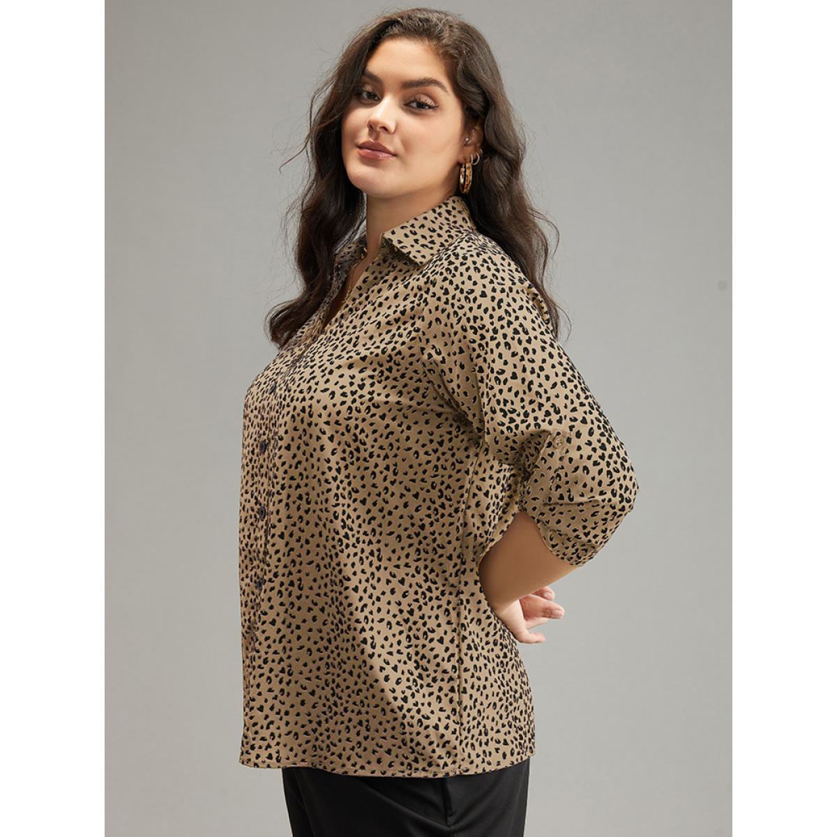 Plus Size Apricot Leopard Print Shirt Collar Button Through Blouse Women Office Elbow-length sleeve Shirt collar Office Blouses BloomChic 22-24/3X Product Image