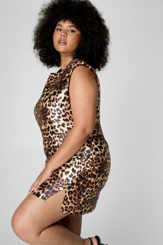 Plus Leopard Structured Satin Shoulder Pad Side Split Mini Dress Product Image