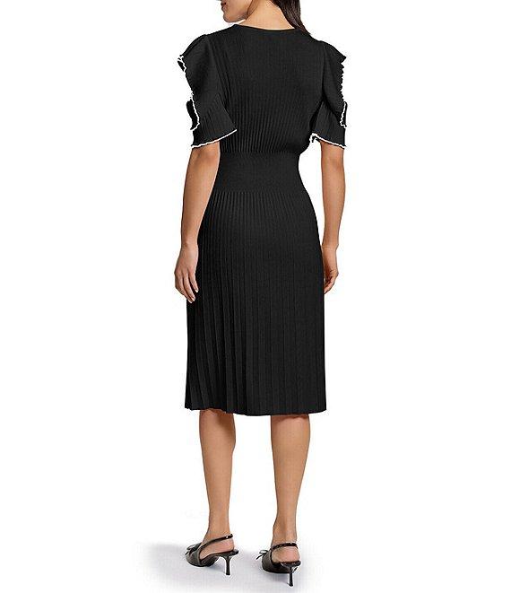 Ming Wang Rib Knit V-Neck Short Cold Shoulder Fit And Flare Midi Dress Product Image