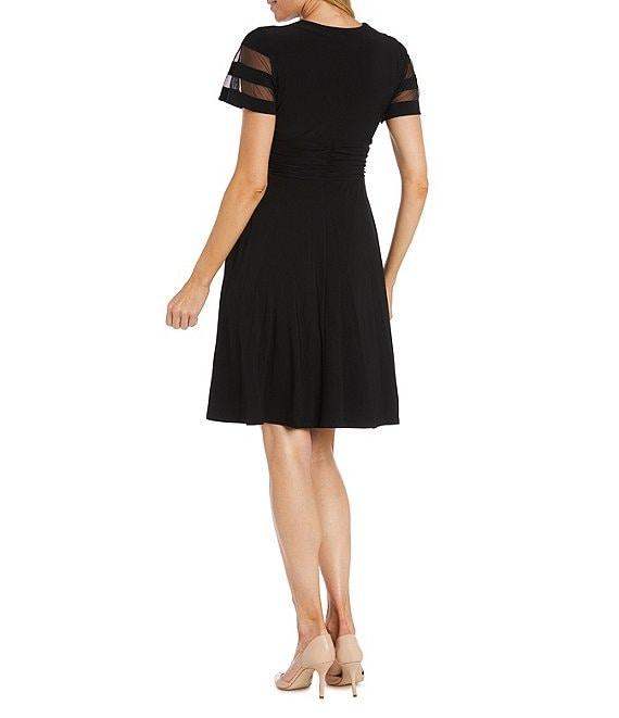 R & M Richards Short Sleeve V-Neck Rhinestone Buckle Fit And Flare Dress Product Image