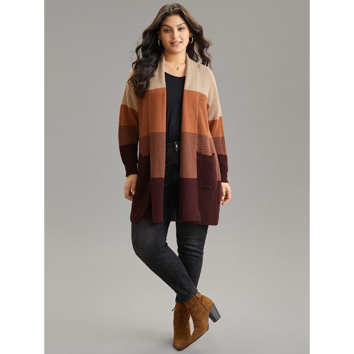 Plus Size Colorblock Contrast Pocket Open Front Cardigan Multicolor Women Casual Loose Long Sleeve Dailywear Cardigans BloomChic 12/L Product Image