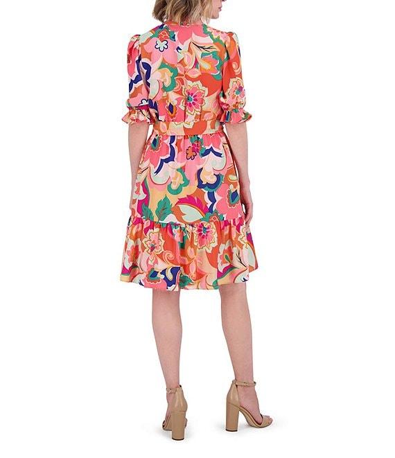 Eliza J Floral Print V Neck Short Puff Sleeve Waist Tie Belt A-Line Dress Product Image