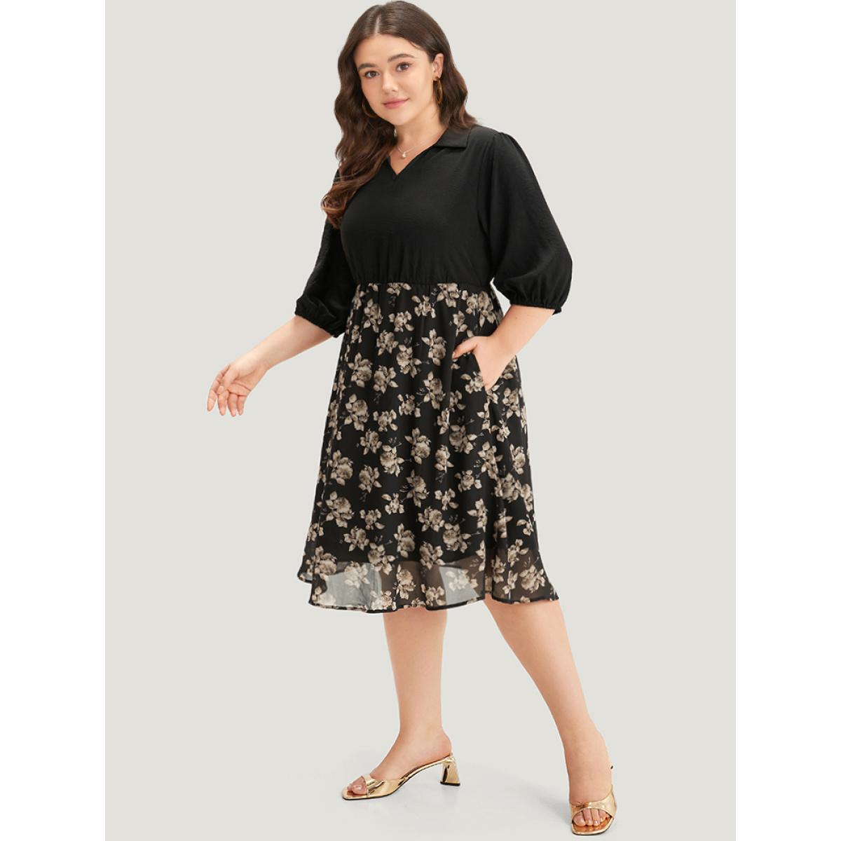 Plus Size Floral Print Patchwork Shirt Collar Dress Black Women Office Lined Shirt collar Half Sleeve Curvy Midi Dress BloomChic 12/L Product Image