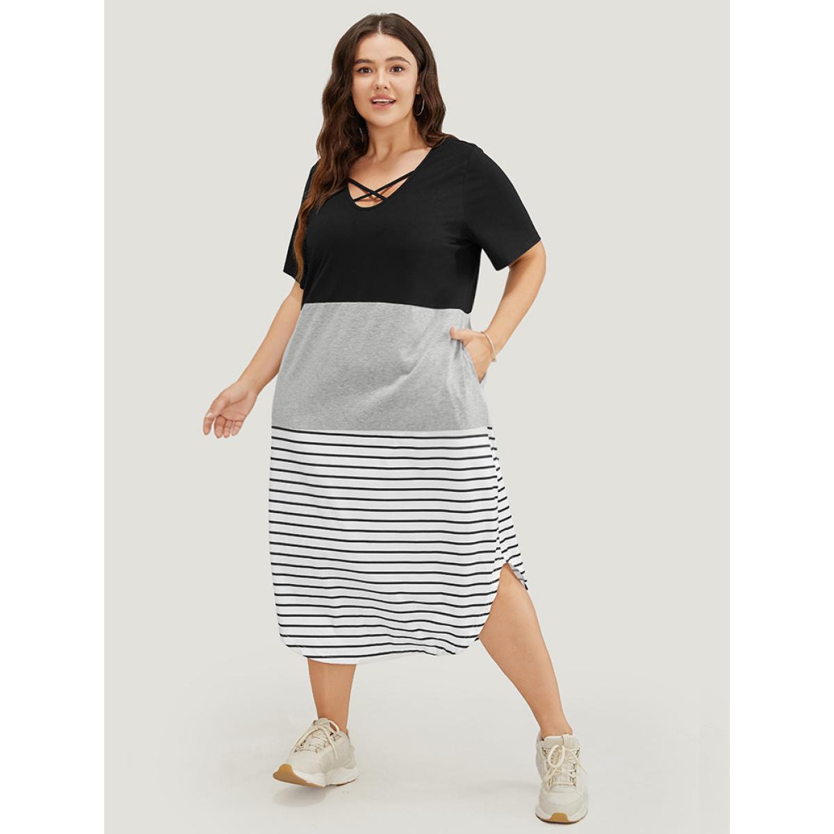 Plus Size Striped Contrast Arc Hem Pocket Crisscross Neck Dress Black Women Casual Contrast V-neck Short sleeve Curvy Midi Dress BloomChic 10/M Product Image