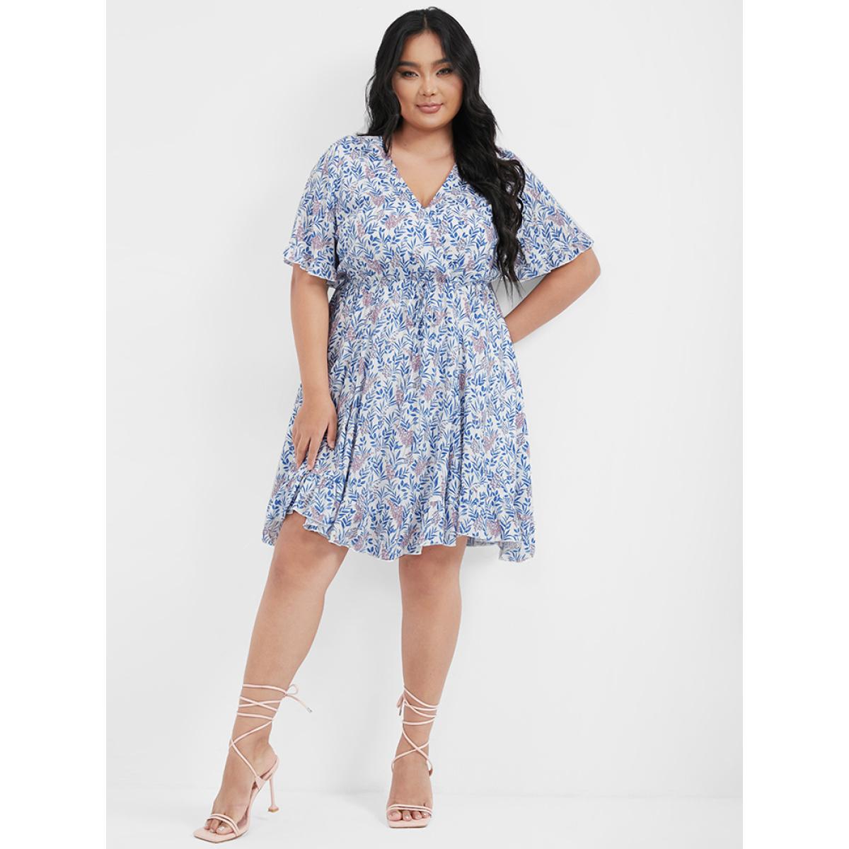 Plus Size Ditsy Floral Ties Asymmetrical Ruffled V Neck Dress LightBlue Women Elegant Cross straps V-neck Short sleeve Curvy Knee Dress BloomChic 26/4X Product Image