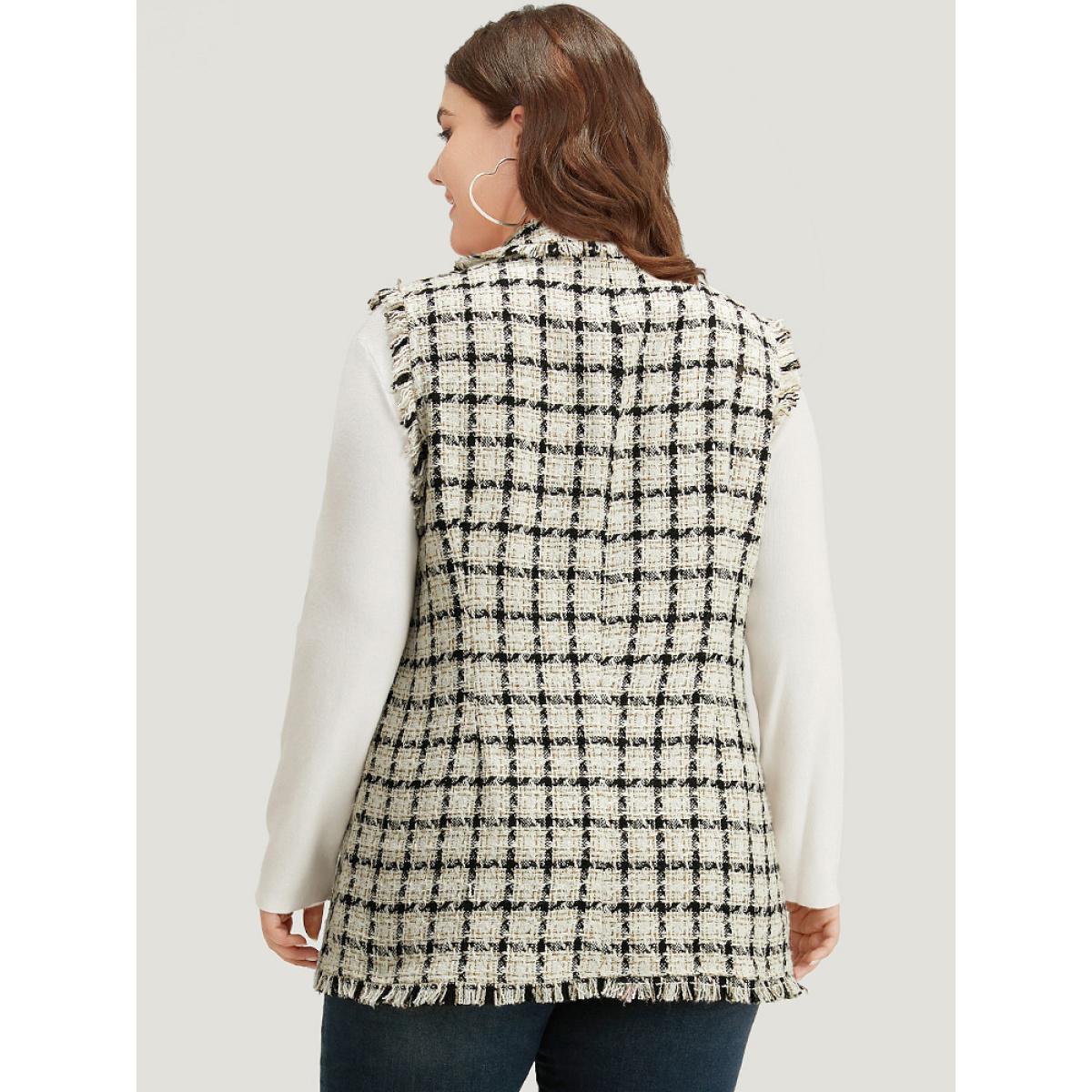 Plus Size Plaid Sleeveless Flap Pocket Button Up Blazer White Women Work Plaid Contrast Sleeve Long Sleeve Suit Collar 18-20/2X Pocket Casual Blazers BloomChic Product Image