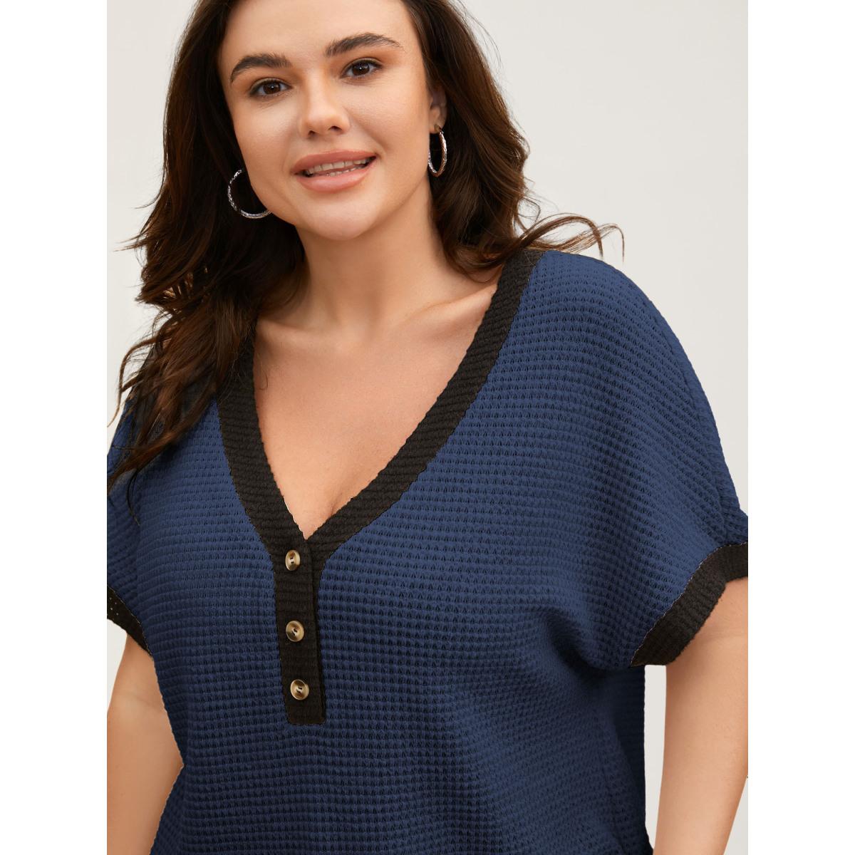 Plus Size V Neck Contrast Button Detail Knit T-shirt Indigo Women Casual Texture V-neck Everyday T-shirts BloomChic 30/6X Product Image