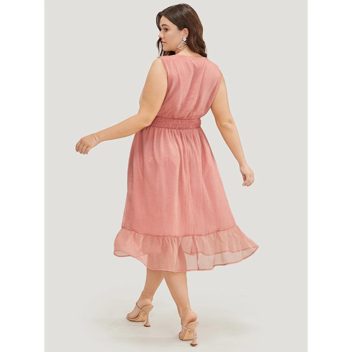 Plus Size Solid Pocket Ruffle Hem Wrap Shirred Tank Dress Pink Women Party Wrap V-neck Sleeveless Curvy Midi Dress BloomChic 22-24/3X Product Image