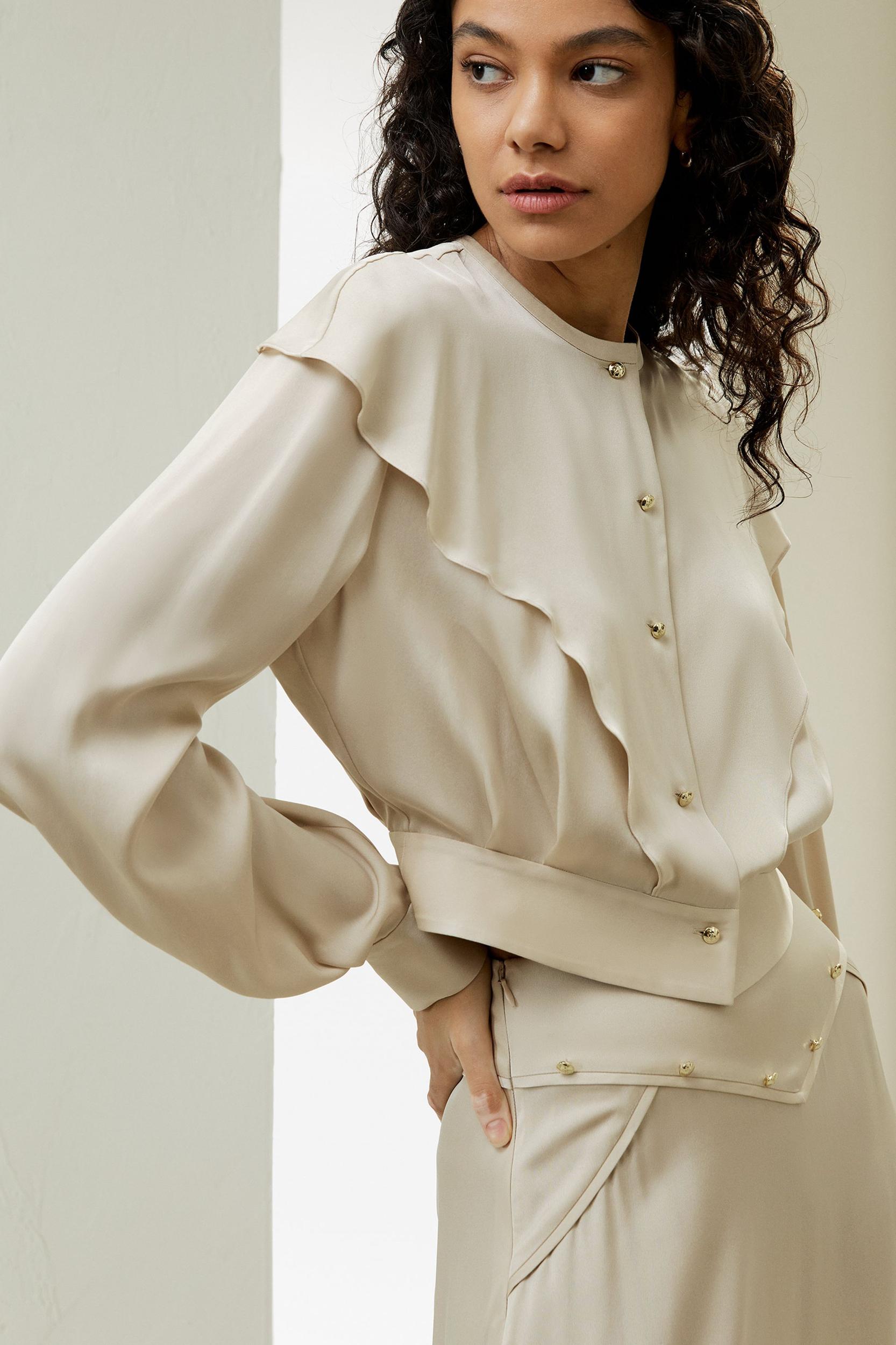 Double Yoke Semi-Sheer Silk Blouse Product Image