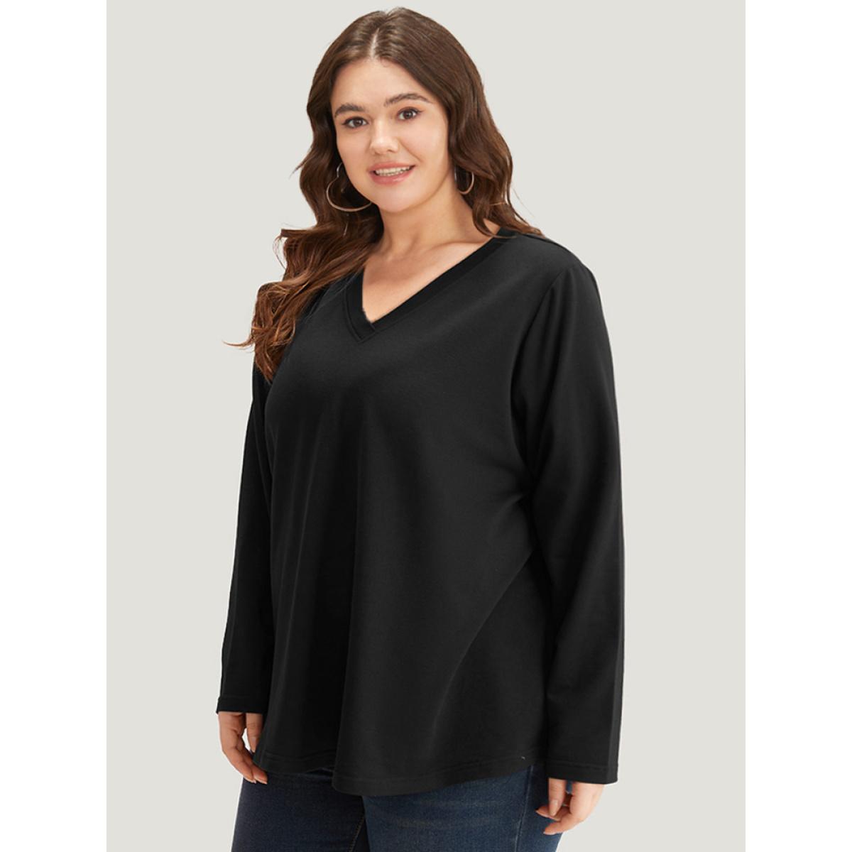 Plus Size Plain V Neck Back Half Zip Sweatshirt Women Black Casual Plain V-neck Dailywear Sweatshirts BloomChic 10/M Product Image