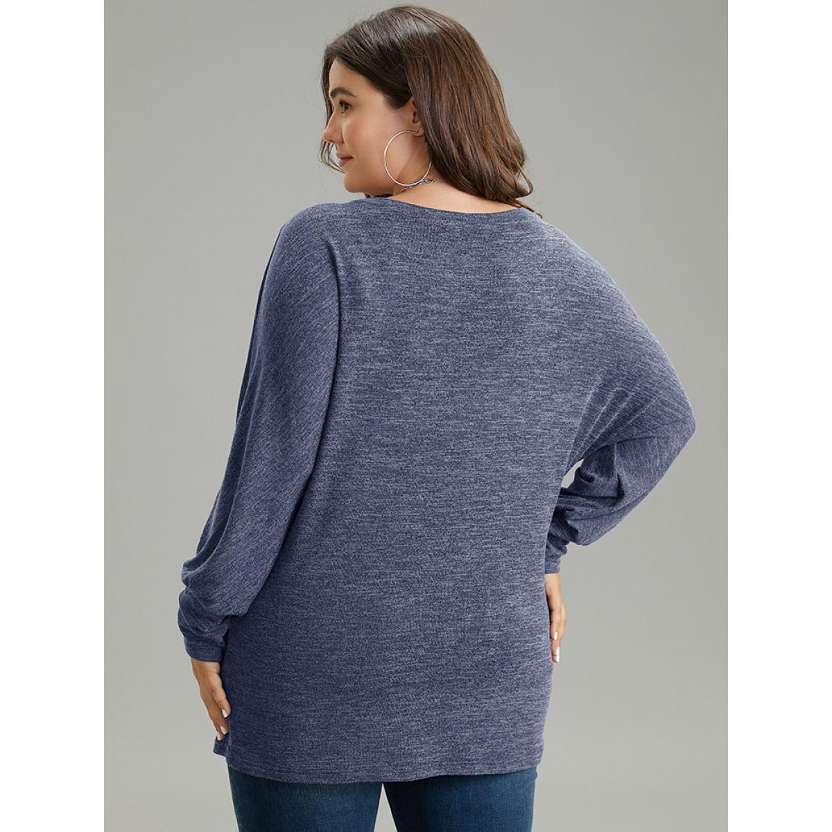 Plus Size Plain Heather Patched Pocket Dolman Sleeve T-shirt Blue Women Casual Plain Plain Round Neck Dailywear T-shirts BloomChic 10/M Product Image