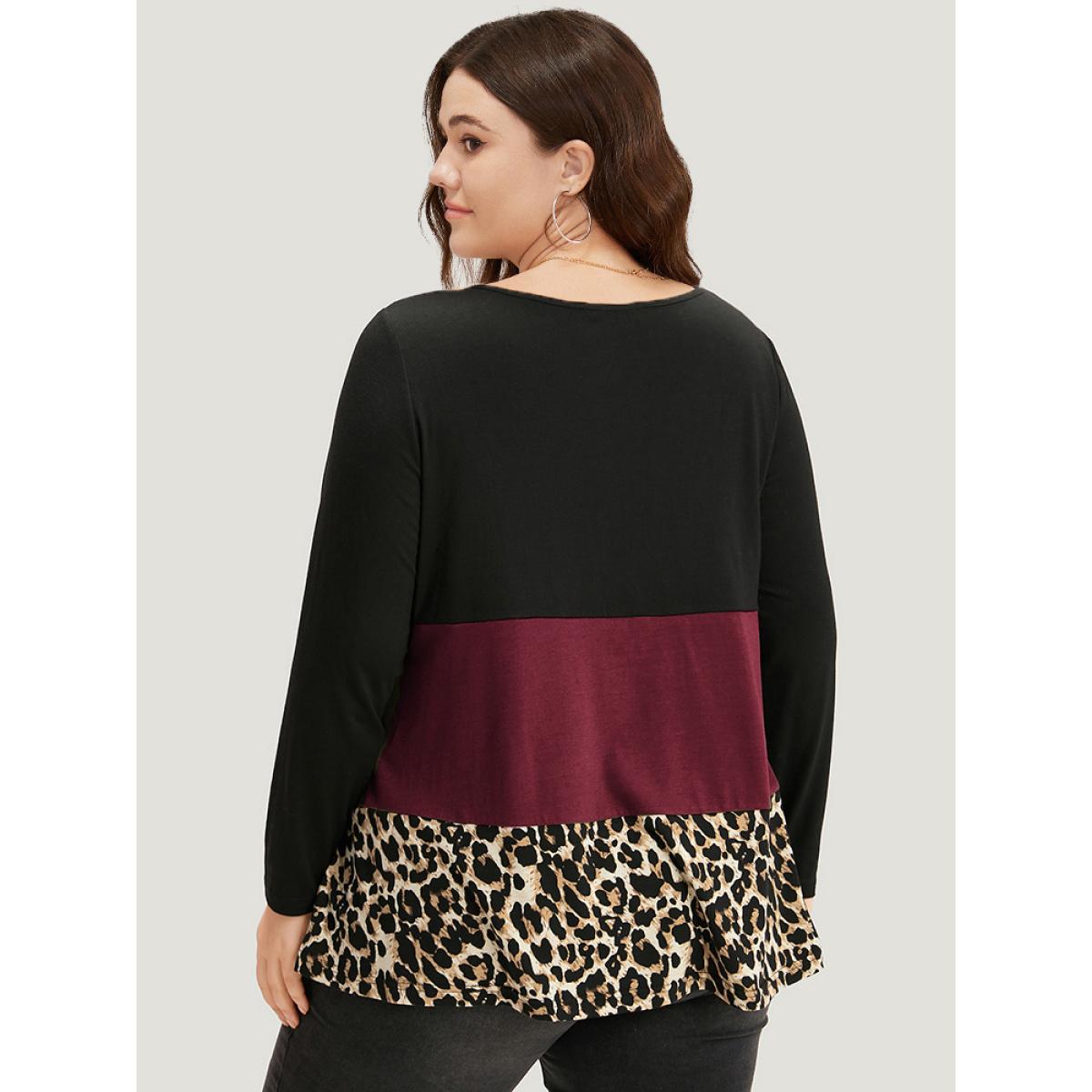 Plus Size Colorblock Leopard Contrast Round Neck T-shirt Red Women Casual Contrast Leopard Round Neck Everyday T-shirts BloomChic 14-16/1X Product Image
