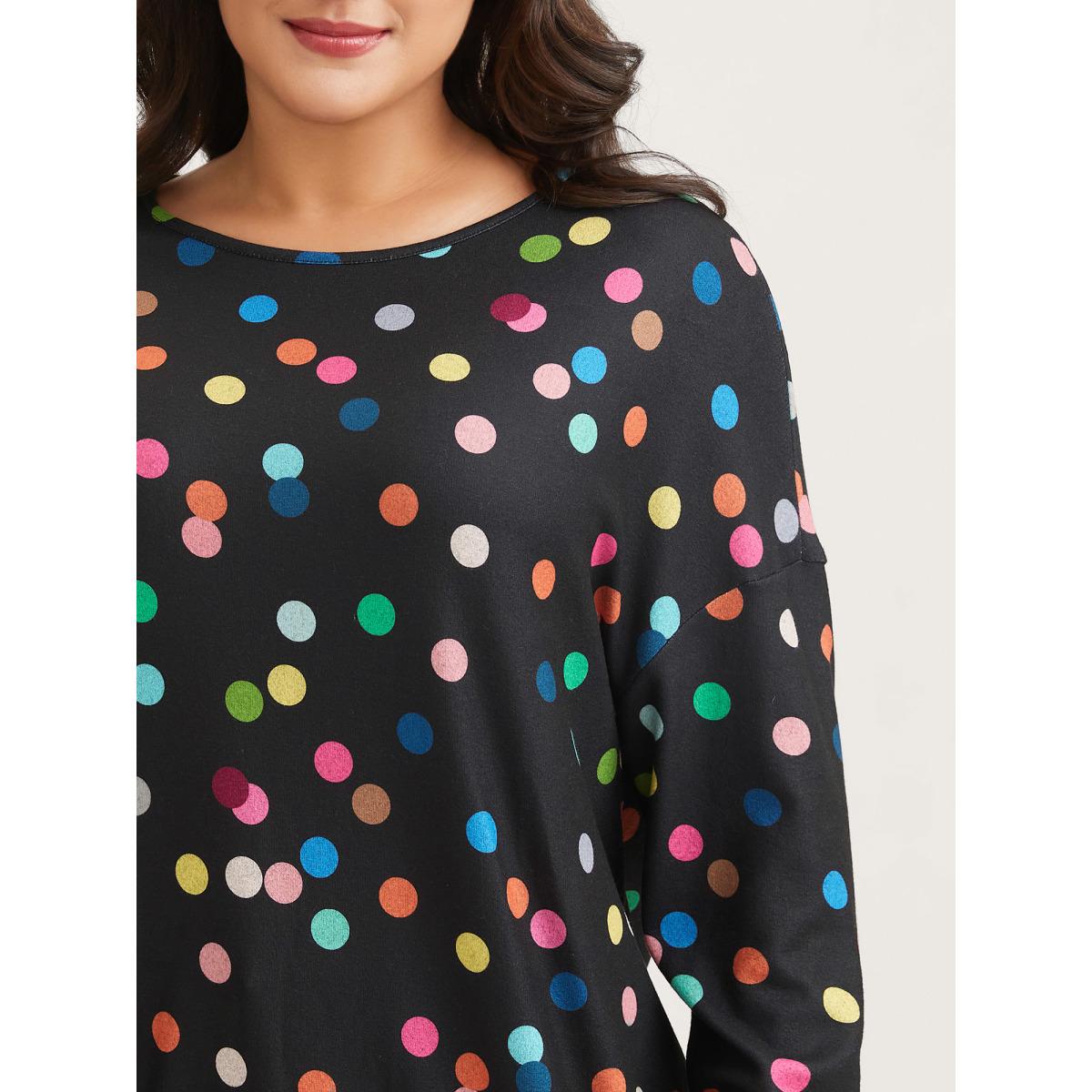 Plus Size Color Polka Dot Drop Shoulder T-Shirt Black Women Playful Contrast Round Neck Casual T-shirts BloomChic 28/5X Product Image