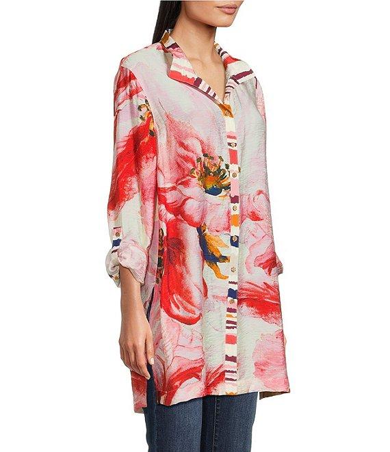 John Mark Floral Wire Collar Long Roll-Tab Sleeve Hi-Low Hem Button-Front Tunic Product Image
