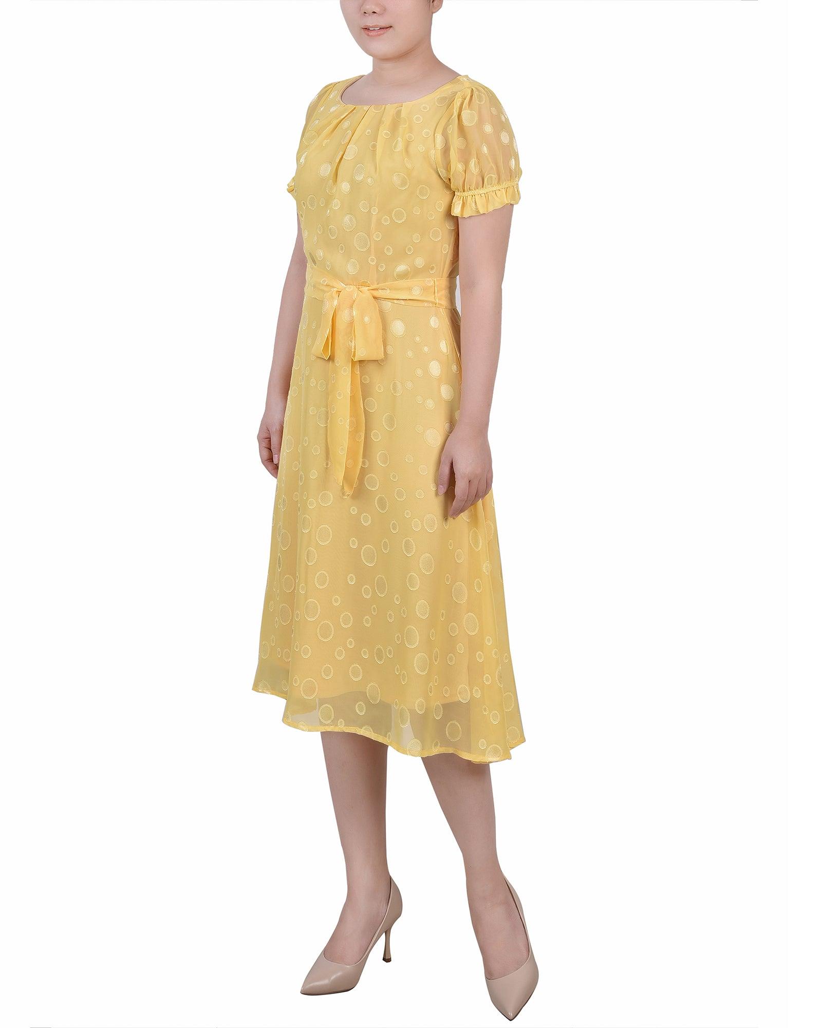 Yellow Multi Circle Short Sleeve Belted Swiss Dot Dress - Petite Product Image