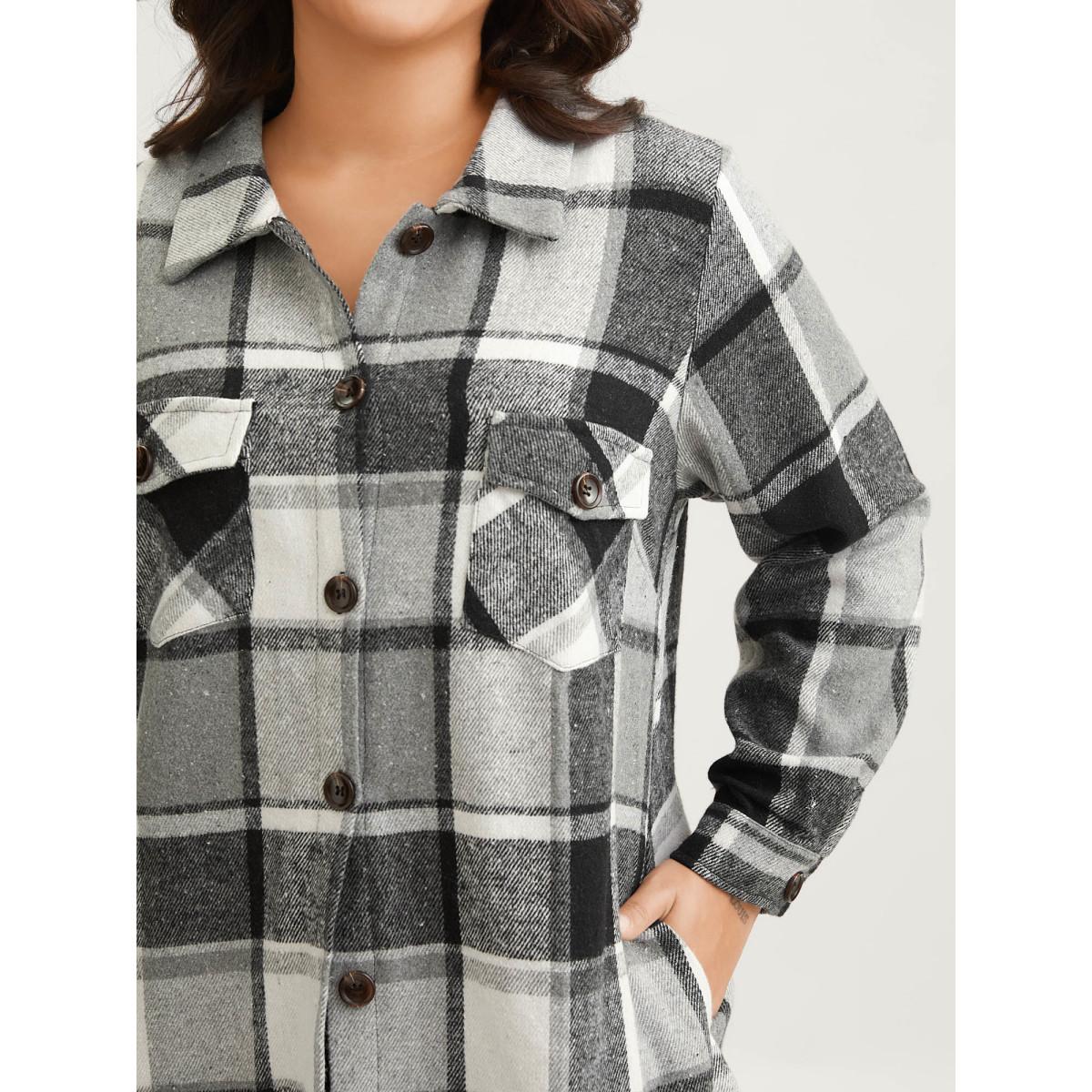 Plus Size Plaid Chest Pockets Long Jacket Women Black Button Loose Side seam pocket Casual Jackets BloomChic 10/M Product Image