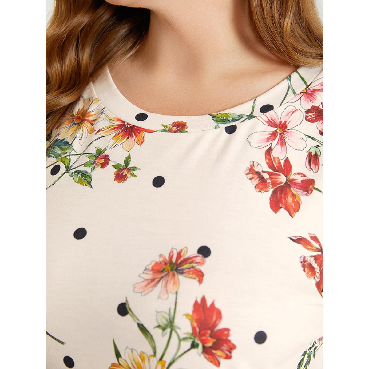 Plus Size Floral & Polka Dot Round Neck T-shirt Beige Women Elegant Floral Round Neck Dailywear T-shirts BloomChic 12/L Product Image