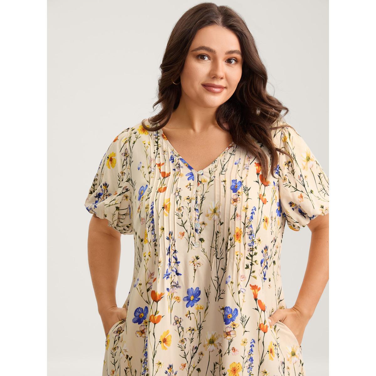 Plus Size Florals Everywhere Toothpick Pleat Midi Dress Champagne Women Timeless V-neck Short sleeve Curvy BloomChic 12/L Product Image