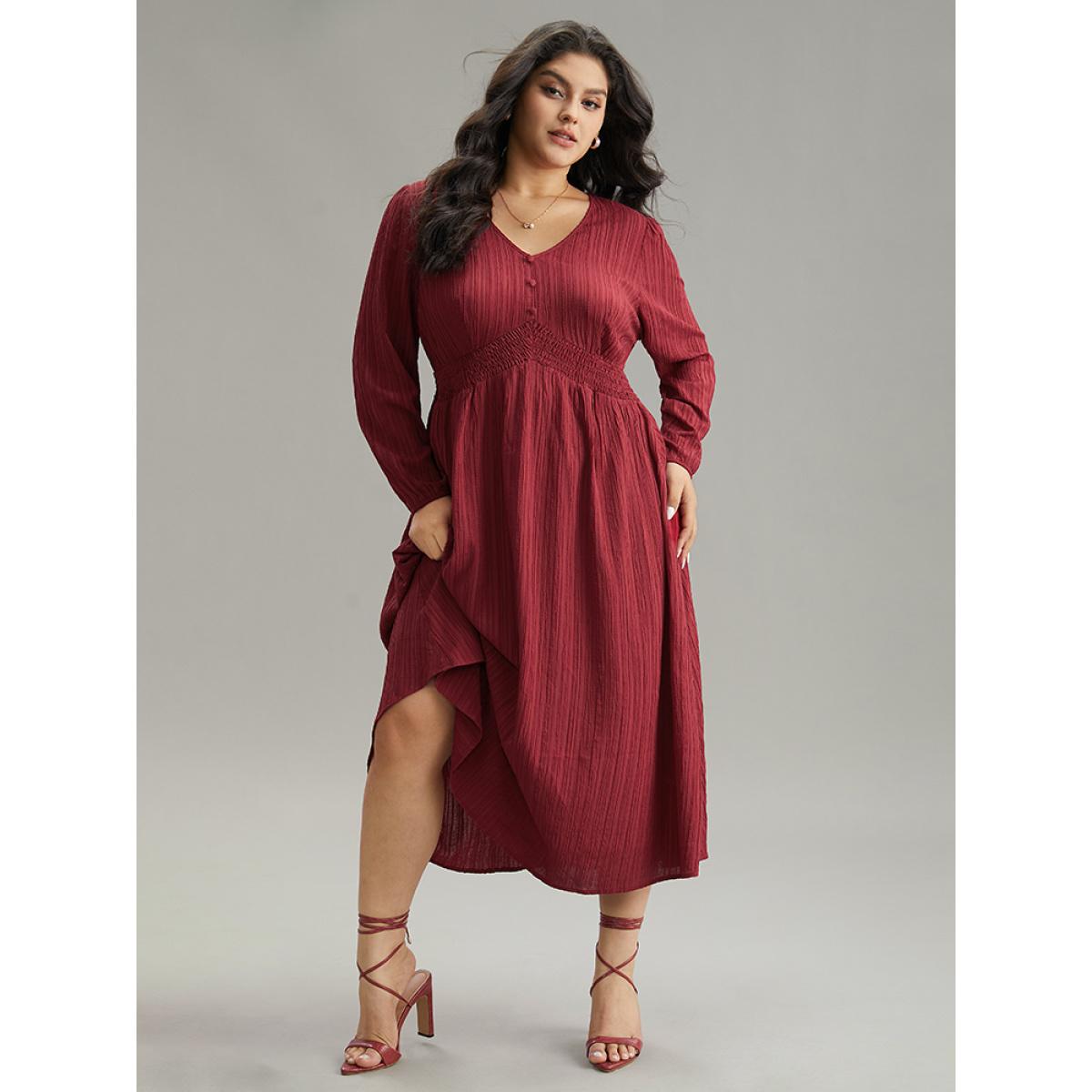 Plus Size Solid Plisse Button Detail Shirred Dress Scarlet Women Elegant Elastic cuffs V-neck Long Sleeve Curvy Midi Dress BloomChic 22-24/3X Product Image
