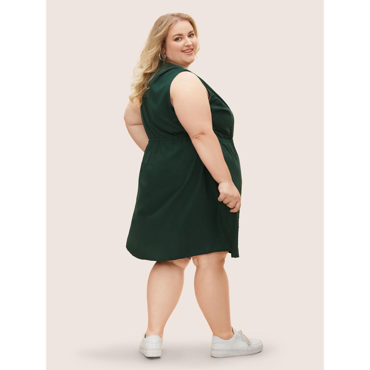 Plus Size Plain Ties Front Button Pocket V Neck Dress DarkGreen Women Office Button V-neck Sleeveless Curvy Knee Dress BloomChic 18-20/2X Product Image