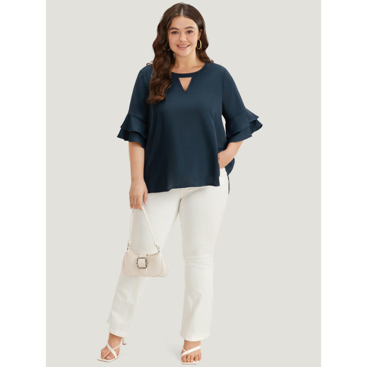 Plus Size Indigo Anti-Wrinkle Plain Keyhole Ruffle Layered Sleeve Blouse Women Office Half Sleeve Round Neck Work Blouses BloomChic 26/4X Product Image