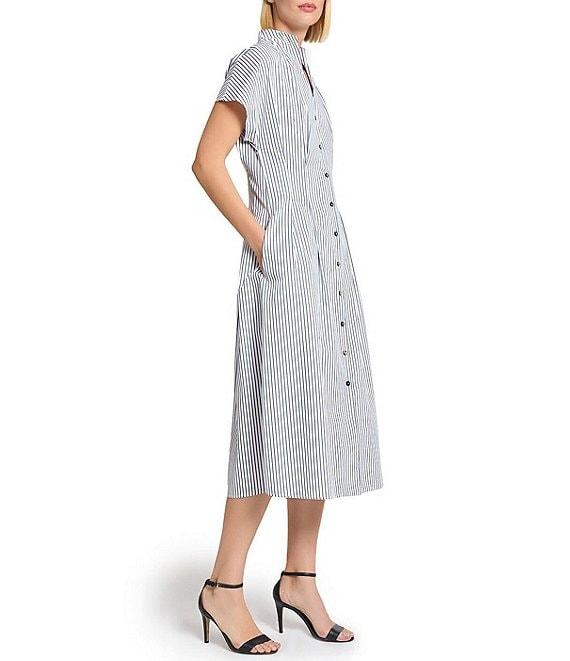 Ming Wang x Tanya Foster Cotton Pinstripe Stand Collar Short Sleeve Fit-And-Flare Dress Product Image