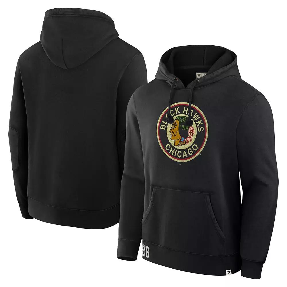 Men's Fanatics Black Chicago Blackhawks Decades Collection Tradition Fleece Pullover Hoodie,  Product Image