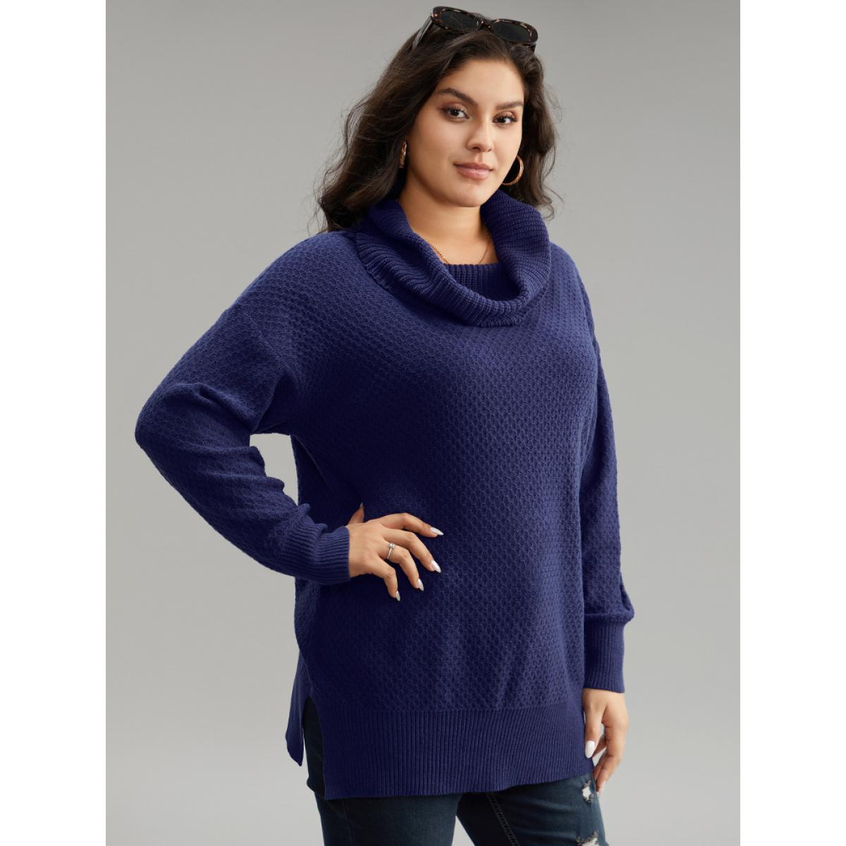 Plus Size Solid Turtle Neck Split Side Pullover DarkBlue Women Casual Loose Long Sleeve Turtleneck Everyday Pullovers BloomChic 12/L Product Image