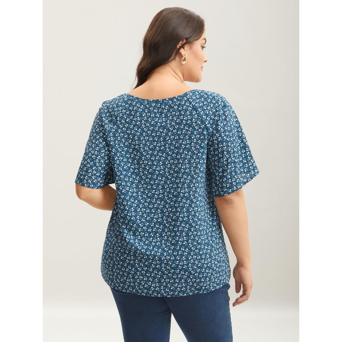 Plus Size Aegean Ditsy Floral Print Half Sleeve Shirt Women Timeless Short sleeve Ribbon-tied collar Elegant Blouses BloomChic 10/M Product Image