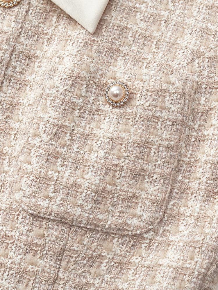 Wool Blend Tweed Patchwork Lapel Women Midi Dress With Belt Product Image