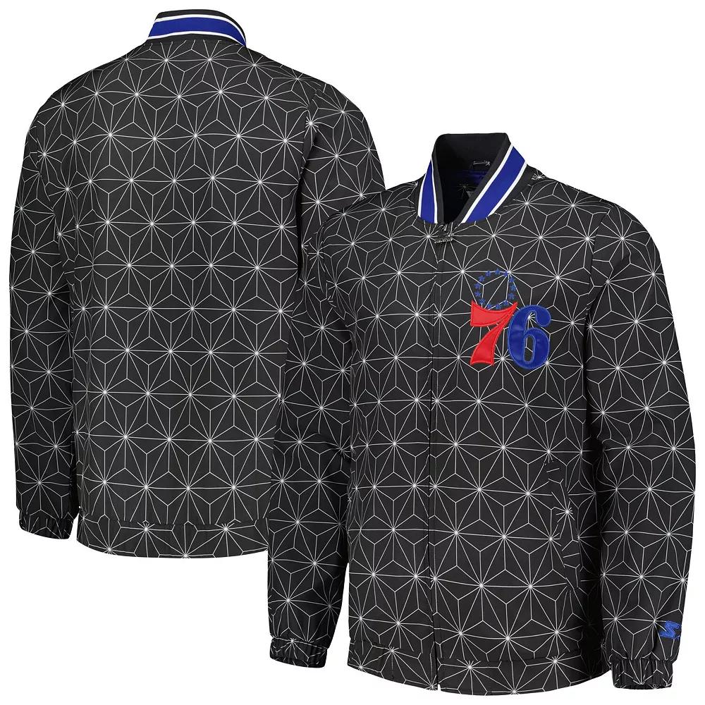 Men's Starter Black Philadelphia 76ers In-Field Play Fashion Satin Full-Zip Varsity Jacket,  Product Image