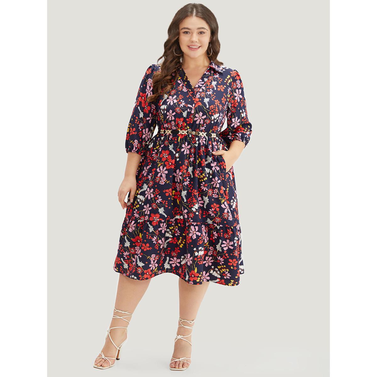 Plus Size Floral Print Shirt Collar Ruffled Hem Dress DarkBlue Women Elegant Elastic cuffs Shirt collar Elbow-length sleeve Curvy Midi Dress BloomChic 14-16/1X Product Image