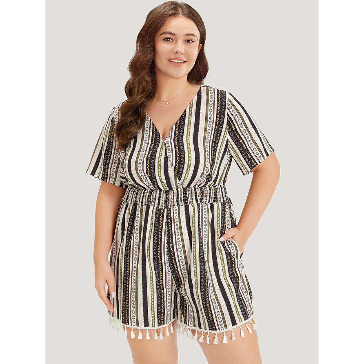 Plus Size Multicolor Boho Print Shirred Cut Out Tassel Trim Romper Women Elegant Short sleeve V-neck Dailywear Loose Jumpsuits BloomChic 30/6X Product Image