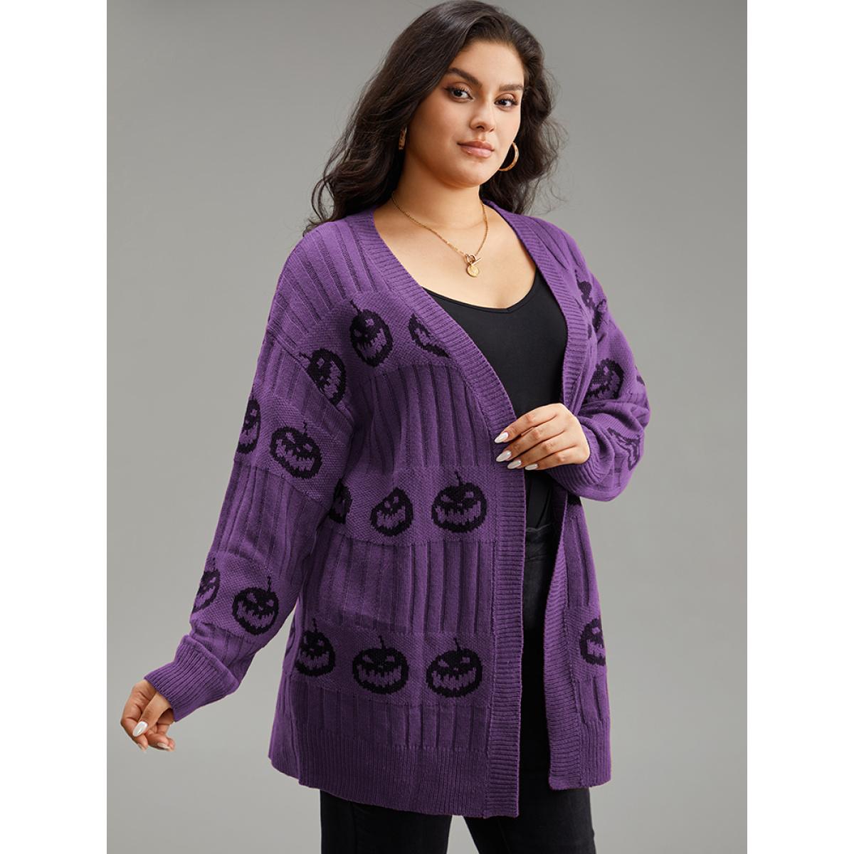 Plus Size Halloween Pumpkin Graphic Open Front Cardigan Purple Women Casual Loose Long Sleeve Festival-Halloween Cardigans BloomChic 28/5X Product Image