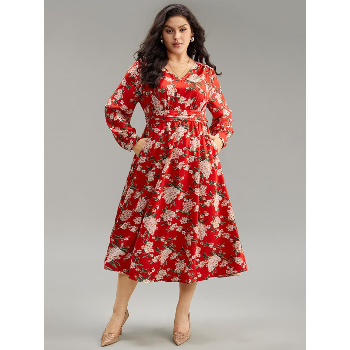 Plus Size Floral Print Ruched Pocket Pleated Dress Red Women Elegant Printed V-neck Long Sleeve Curvy Midi Dress BloomChic 14-16/1X Product Image