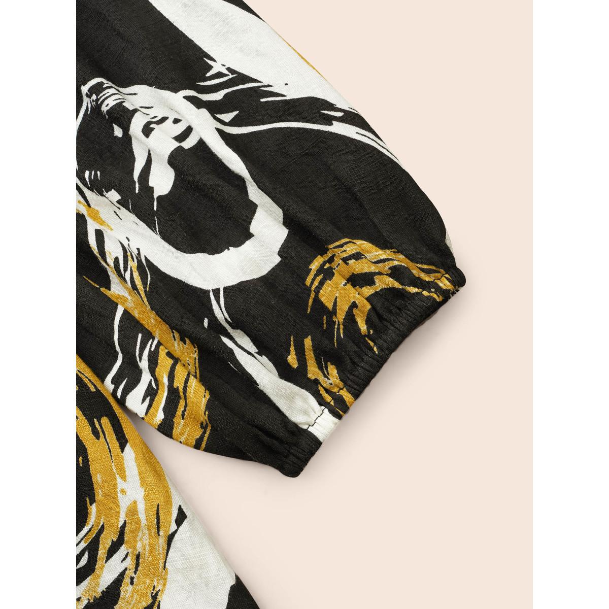 Plus Size BlackFlower Brush Print Pleated Lantern Sleeve Blouse Women At the Office Long Sleeve V-neck Work Blouses BloomChic 12/L Product Image