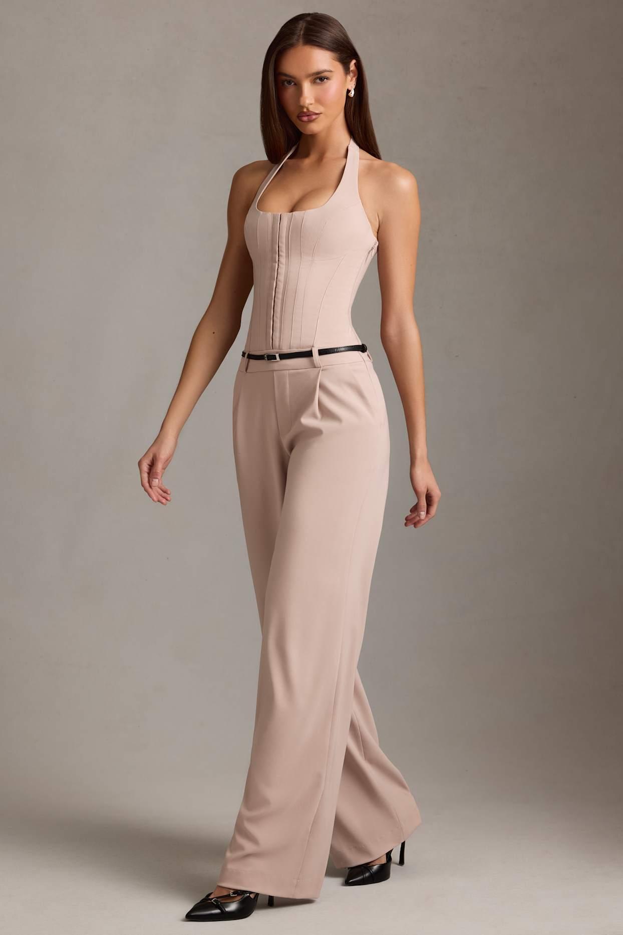 Corset-Detail Halterneck Jumpsuit in Mushroom Product Image