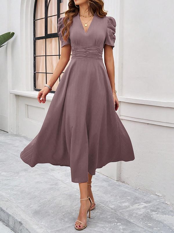 A-Line High Waisted Pleated Solid Color Zipper V-Neck Maxi Dresses Product Image
