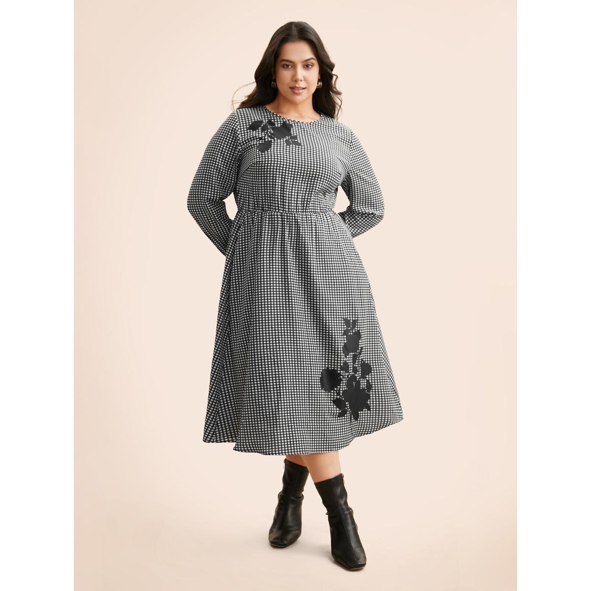Plus Size Gingham Silhouette Floral Print Midi Dress Black Women Elegant Non Round Neck Long Sleeve Curvy BloomChic 12/L Product Image