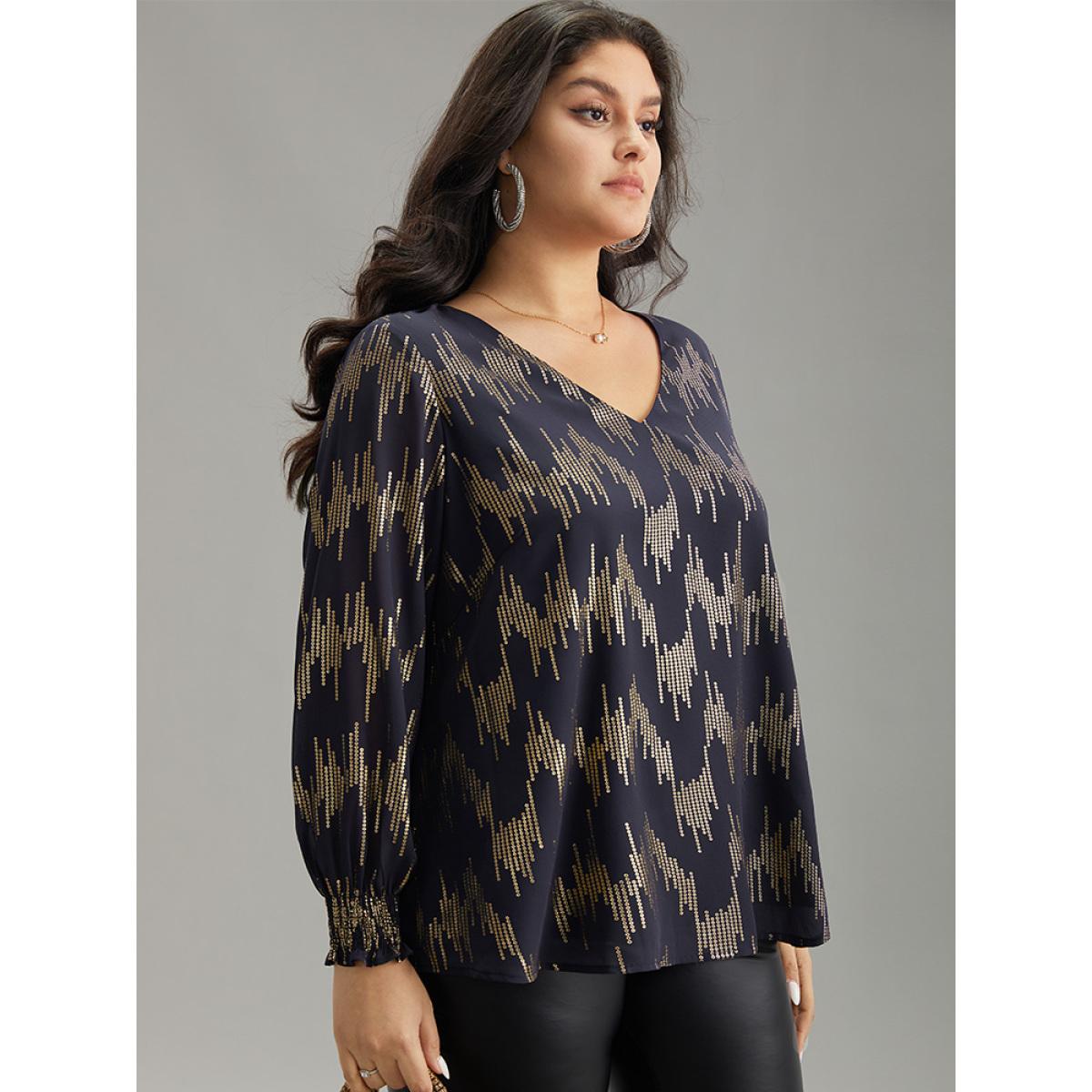 Plus Size Indigo Glitter V Neck Shirred Lantern Sleeve Blouse Women Glamour Long Sleeve V-neck Going out Blouses BloomChic 12/L Product Image