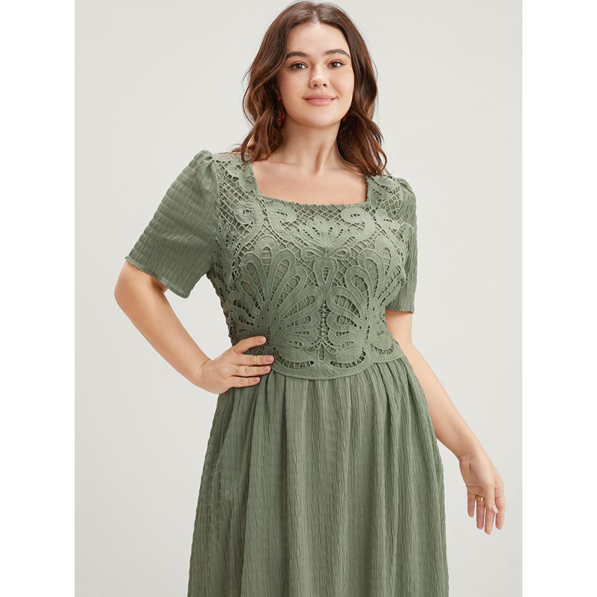 Plus Size Solid Square Neck Pocket Lace Ruffles Hem Dress Mint Women Elegant Elastic Waist Square Neck Short sleeve Curvy Midi Dress BloomChic 22-24/3X Product Image