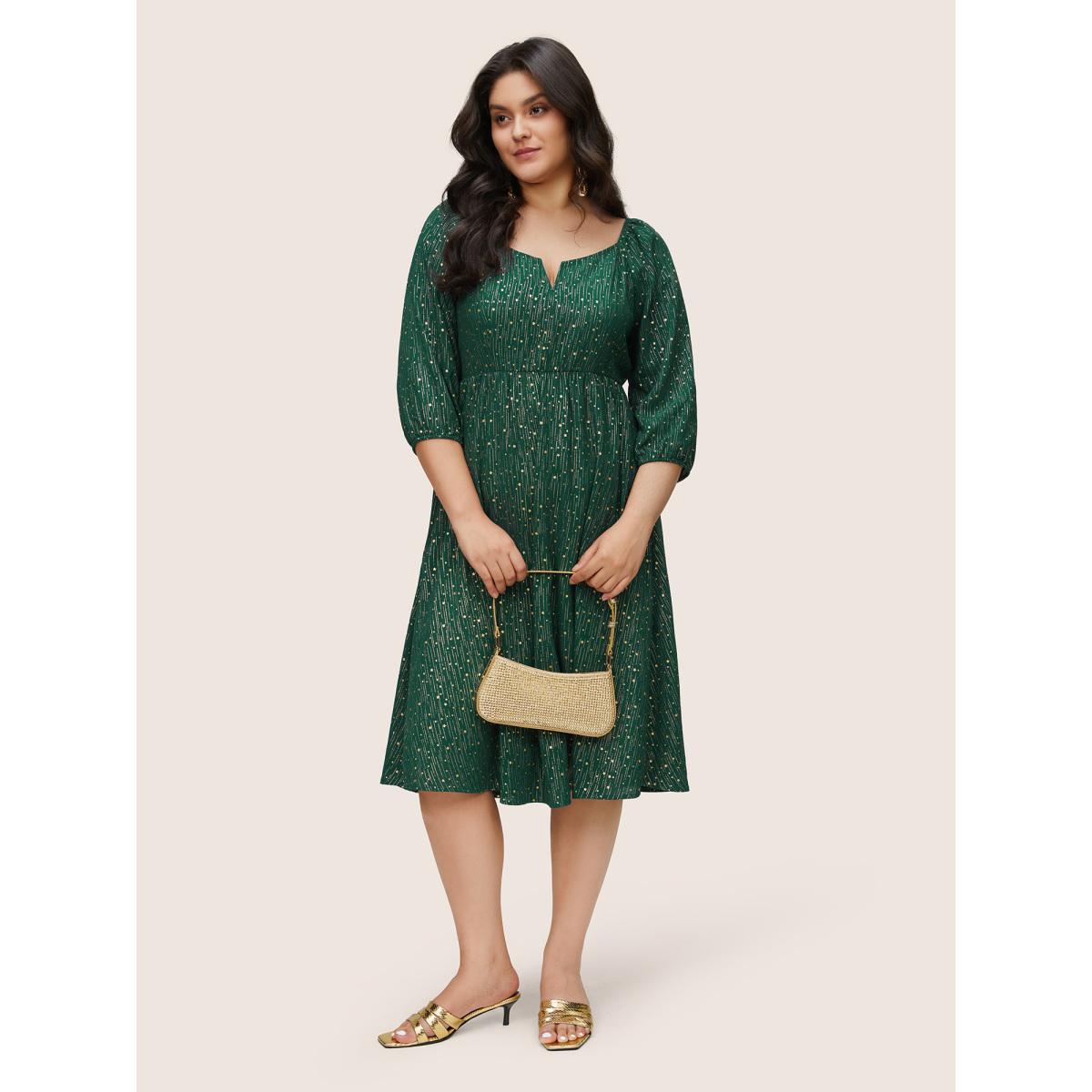 Plus Size Geometric Glitter Notched Lantern Sleeve Dress DarkGreen Women Cocktail Elastic cuffs Notched collar Elbow-length sleeve Curvy Midi Dress BloomChic 28/5X Product Image
