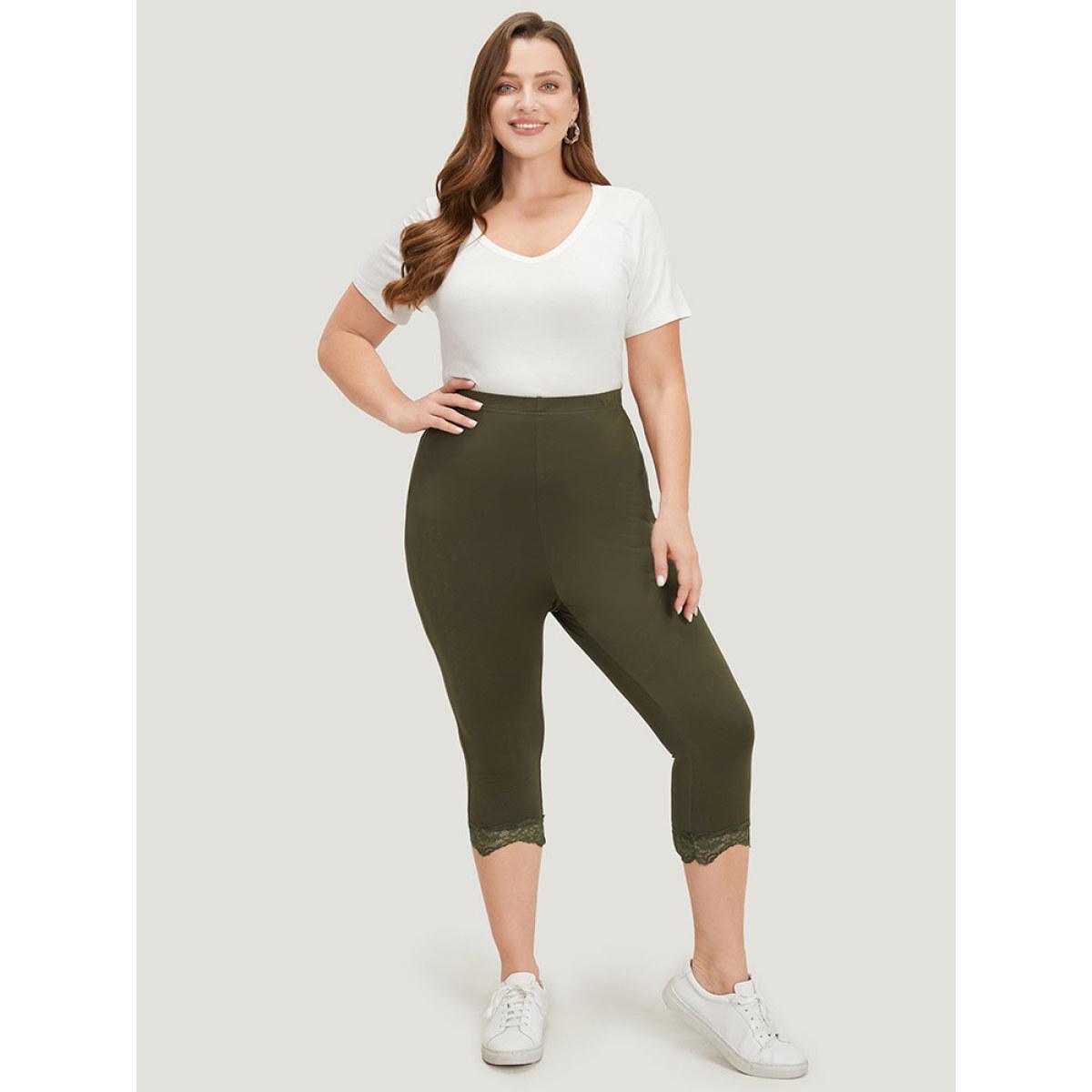 Plus Size Plain Lace Patchwork High Rise Leggings Women ArmyGreen Casual High stretch Skinny High Rise Dailywear Leggings BloomChic 30/6X Product Image