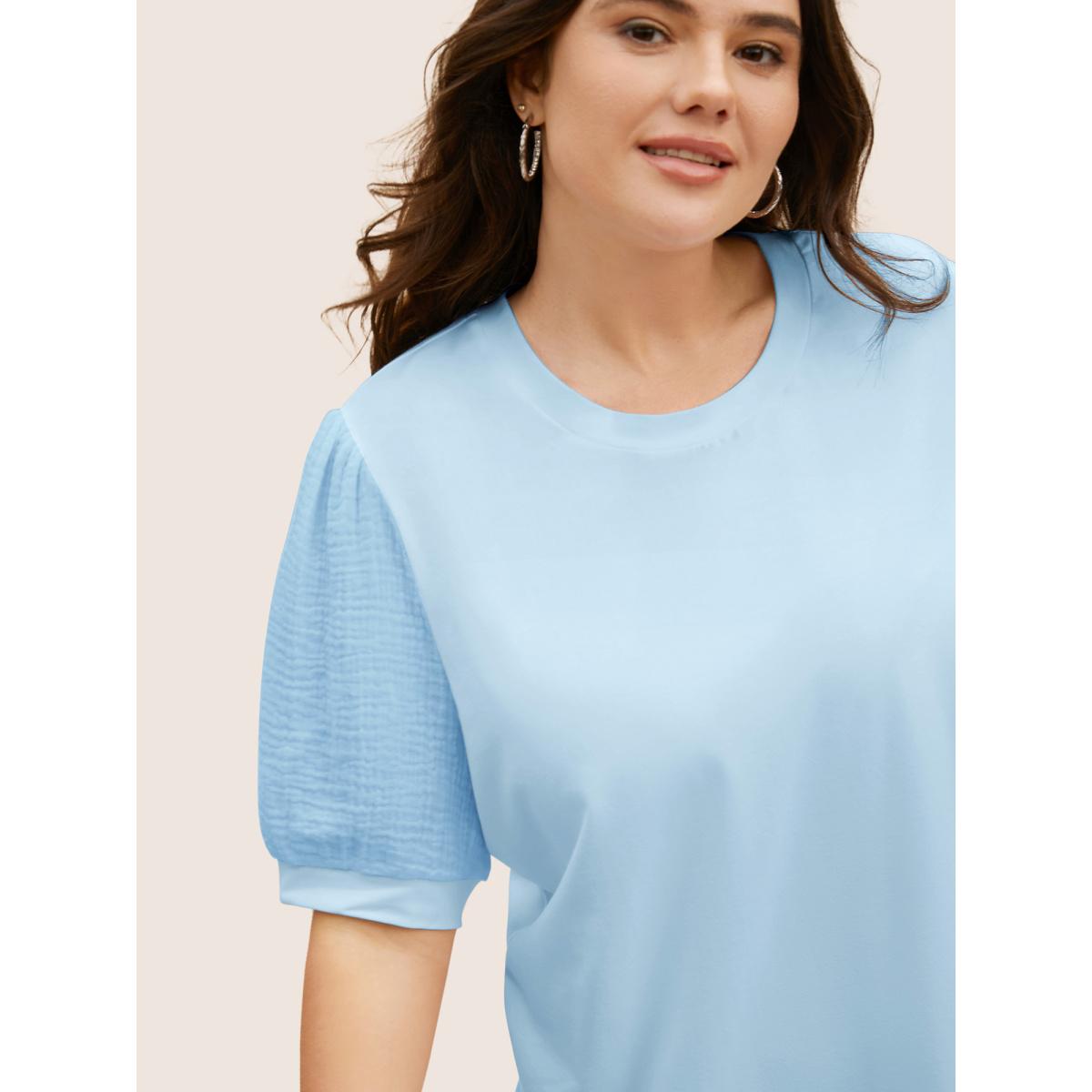 Plus Size Plain Textured Patchwork Lantern Sleeve T-Shirt LightBlue Women Leisure Texture Round Neck Casual T-shirts BloomChic 14-16/1X Product Image