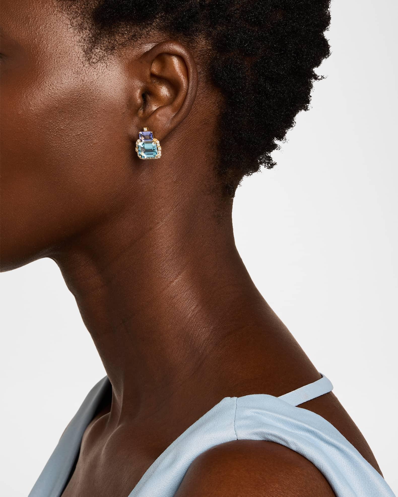 Gossip 18K Yellow Gold Blue Topaz and Tanzanite 2 Stone Emerald Cut Earrings with Diamonds Product Image