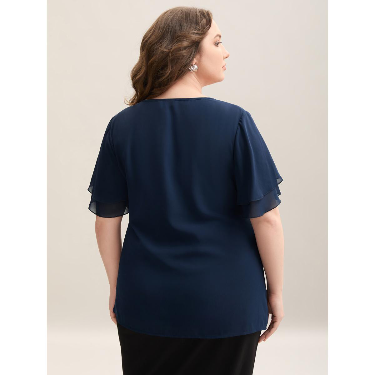 Plus Size Indigo Chiffon Layered Sleeve Solid Blouse Women At the Office Short sleeve V-neck Work Blouses BloomChic 26/4X Product Image