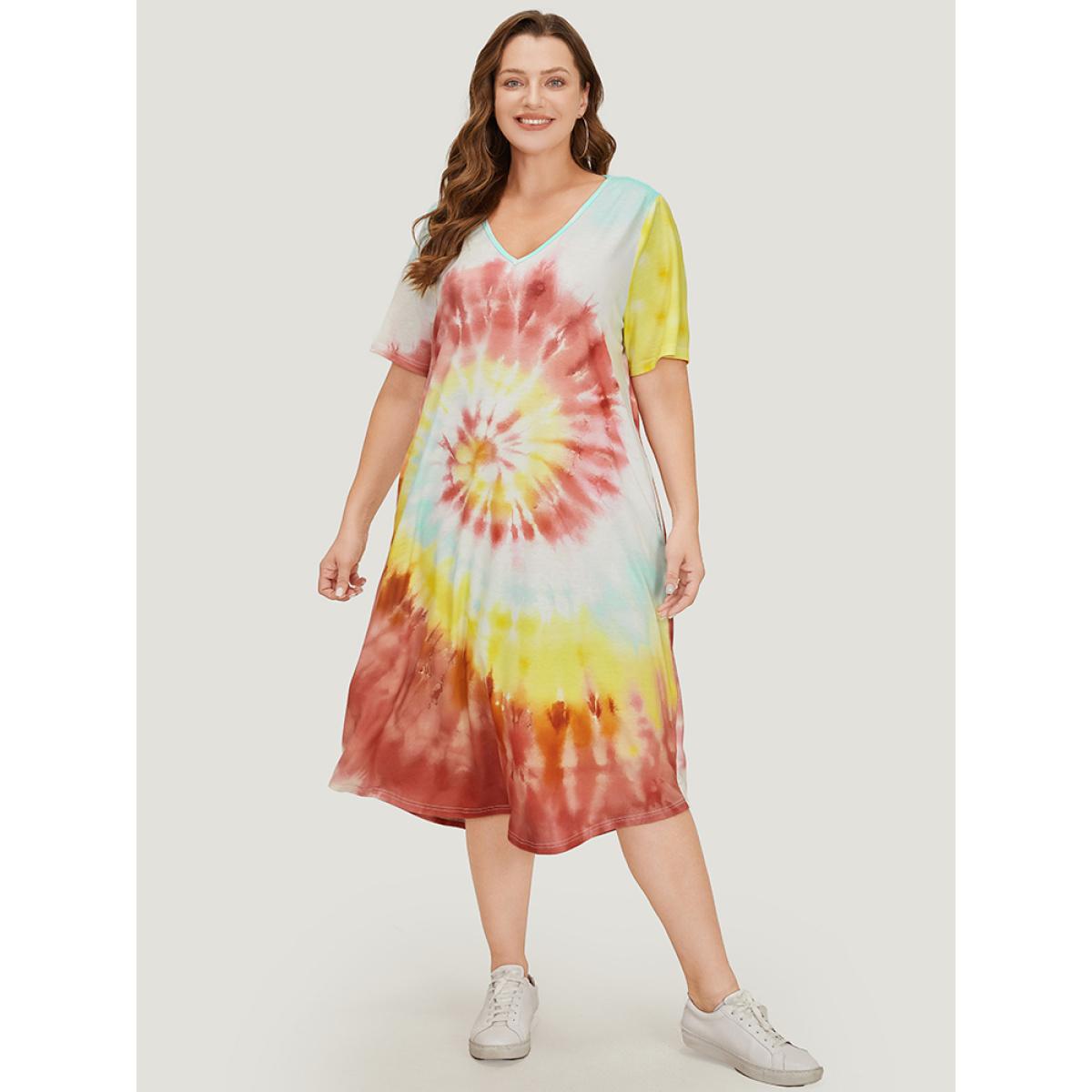 Plus Size Tie Dye Pocket Short Sleeve V Neck Midi Dress Multicolor Women Casual Printed V-neck Short sleeve Curvy Midi Dress BloomChic 12/L Product Image