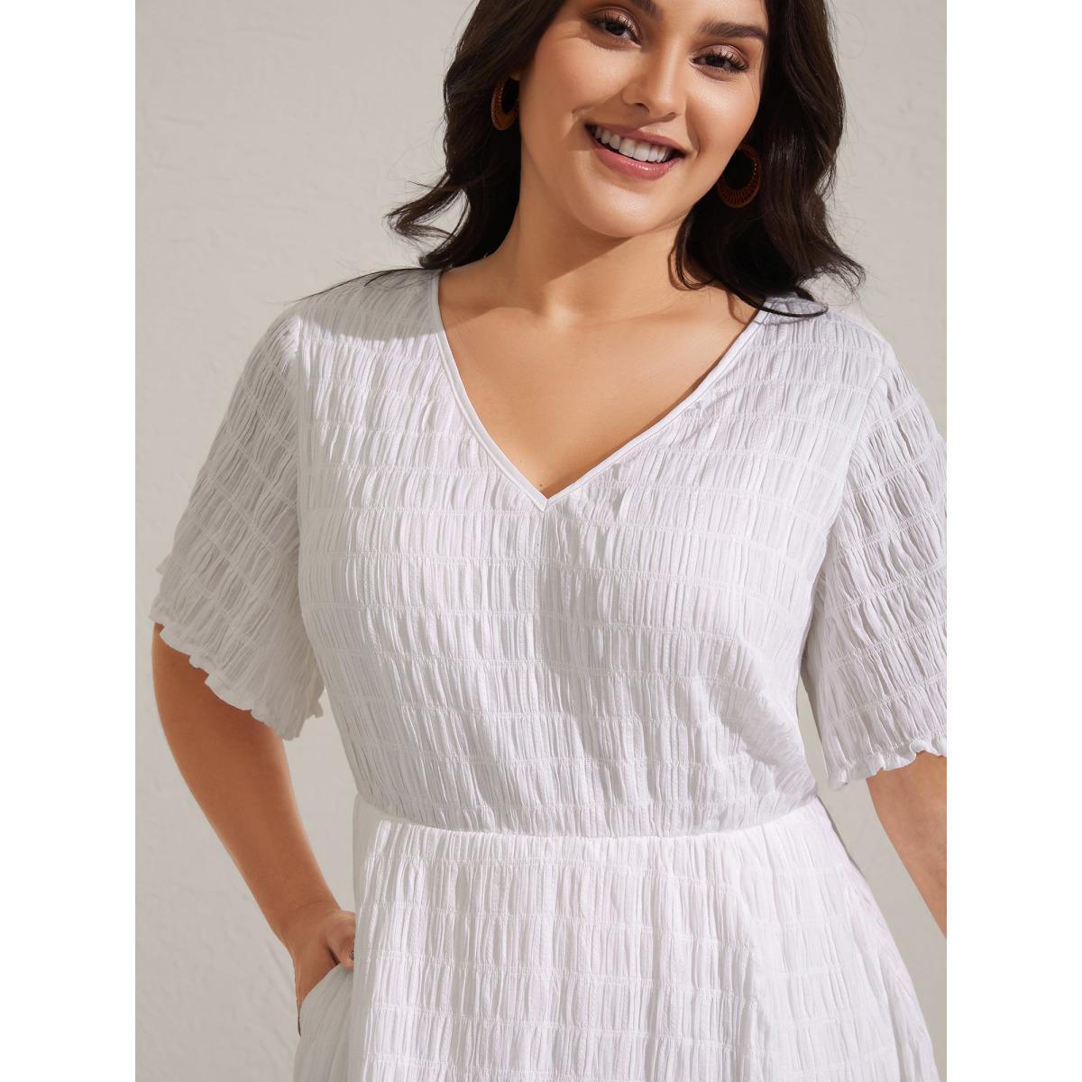 Plus Size Rayon Lace Cinched-Waist Midi Dress WhiteSmoke Women V-neck Half Sleeve Curvy BloomChic 26/4X Product Image